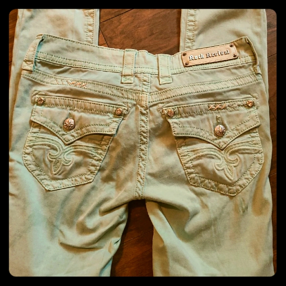 Teal Green Rock Revival Jeans